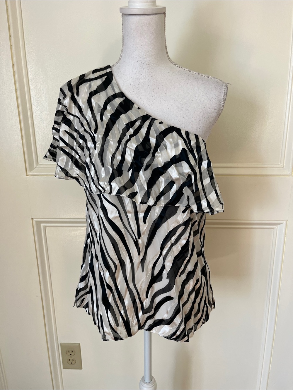 White House Black Market One-Shoulder Zebra Ruffle Blouse - Black & White